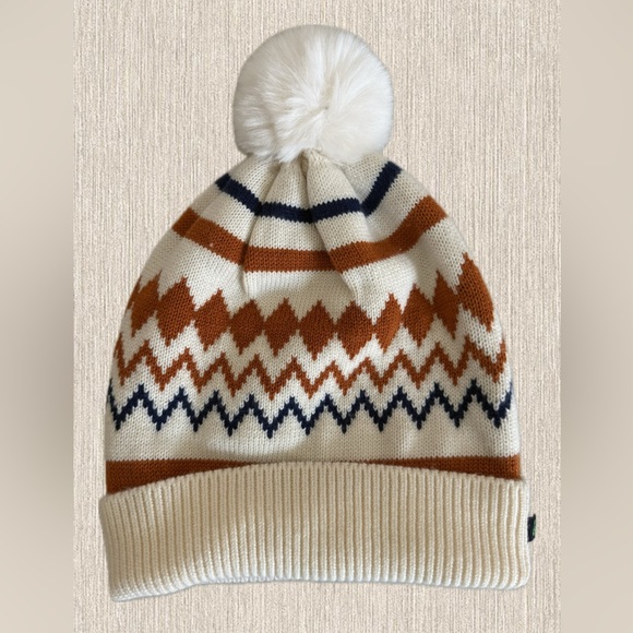 Paisley and Grey Winter Knit Beanie Hat with Pom Pom - Ivory, Rust, Navy - Picture 5 of 5